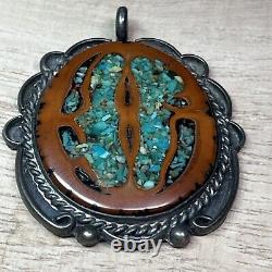 Pendentif ovale en argent sterling natif américain Navajo avec incrustation de turquoise et de noyer