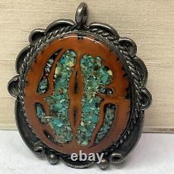 Pendentif ovale en argent sterling natif américain Navajo avec incrustation de turquoise et de noyer