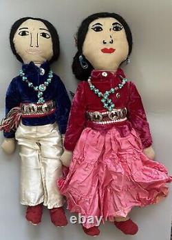 Poupée de couple amérindien Navajo Vtg faite à la main avec collier de turquoise perlé 21