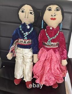 Poupée de couple amérindien Navajo Vtg faite à la main avec collier de turquoise perlé 21