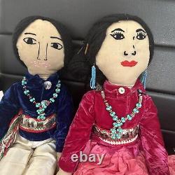 Poupée de couple amérindien Navajo Vtg faite à la main avec collier de turquoise perlé 21