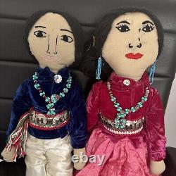 Poupée de couple amérindien Navajo Vtg faite à la main avec collier de turquoise perlé 21