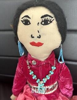 Poupée de couple amérindien Navajo Vtg faite à la main avec collier de turquoise perlé 21