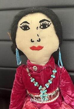 Poupée de couple amérindien Navajo Vtg faite à la main avec collier de turquoise perlé 21