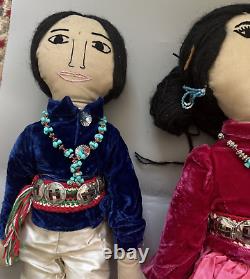 Poupée de couple amérindien Navajo Vtg faite à la main avec collier de turquoise perlé 21