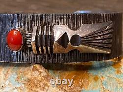 Rare Navajo Norbert Peshlakai Sterling Silver & Red Coral Cuff Bracelet Doit Voir