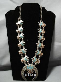 Rare Vintage Navajo Turquoise Coral Sterling Argent Squash Collier Blossom