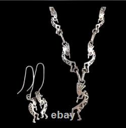 Rare collier et boucles d'oreilles géométriques Kokopelli Navajo vintage en argent 925