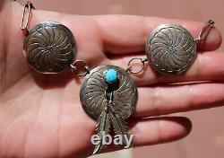 Signé Vintage Navajo Sterling Concho Plumes Turquoise Puffy Collier De Choker