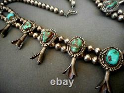 Southwestern Navajo Royston Turquoise Sterling Silver Squash Blossom Collier