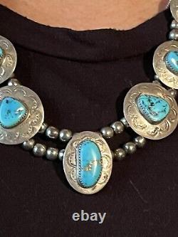 Spectaculaire Vieux Pawn Navajo Perle Banc Perles Et Turquoise Pendentif Estampé Collier