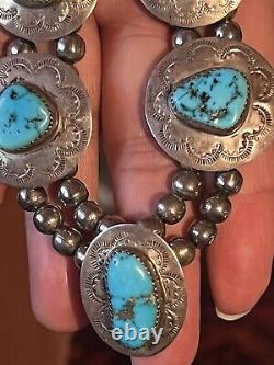 Spectaculaire Vieux Pawn Navajo Perle Banc Perles Et Turquoise Pendentif Estampé Collier
