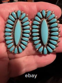 Stellar Vintage Navajo Native American A+++ Boucles D'oreilles Turquoise Sterling Cluster