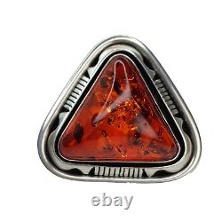 Superbe bague en argent sterling signée par un Amérindien Navajo avec une grande ambre, taille 7