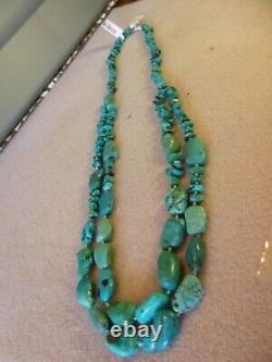 Superbe collier à deux rangées de style amérindien navajo en turquoise et argent sterling