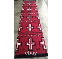 Tapis Navajo Rouge Sud-Ouest Fait Main en Laine Tribale Amérindienne 2.6x8 Ft