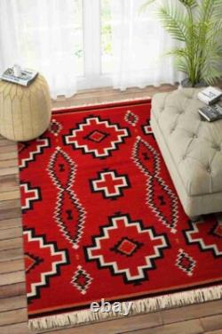 Tapis en laine kilim Navajo rouge sud-ouest 6×9 pieds tissé à la main, tapis aztèque amérindien