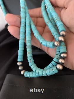 USA Native American Navajo Sterling 3s Turquoise Heishi Collier 24 13299