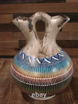 Vase de mariage en crin de cheval gravé à la main Navajo Amérindien Benally