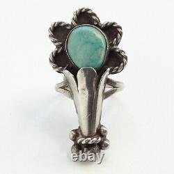 Vint Native American Navajo Squash Blossom Turquoise Anneau Sterling Taille 5.75