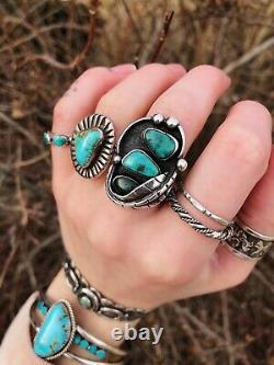 Vintage 1960s Chunky Navajo Sterling Silver Turquoise Anneau Sz 5,25 3 Pierres