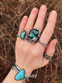 Vintage 1960s Chunky Navajo Sterling Silver Turquoise Anneau Sz 5,25 3 Pierres