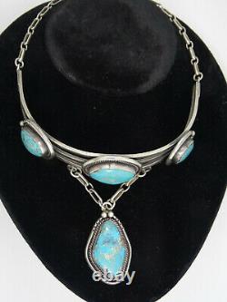 Vintage 50's Navajo Gem Kingman Turquoise Pendant Choker Sterling Necklace 14