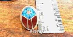 Vintage Amérindien Incrustation de Chip Turquoise et Corail Argent Sterling