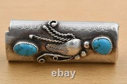 Vintage Artisanal Navajo Old Pawn Sterling Silver Turquoise Lighter Case