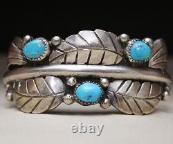 Vintage Native American Navajo Foliate Sterling Silver Turquoise Cuff Bracelet