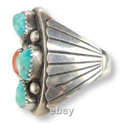 Vintage Native American Navajo Silver Sterling Turquoise And Coral Ring Sz 10.25