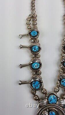 Vintage Native American Navajo Squash Blossom Turquuoise Sterling Silver Collier