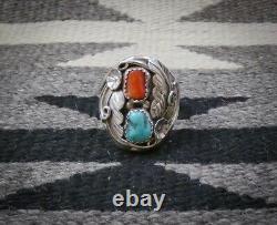 Vintage Native American Navajo Sterling Turquoise Coral Taille De Bague 10,5