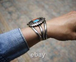 Vintage Native American Navajo Turquoise Coral Sterling Bracelet En Argent Cuff
