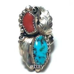 Vintage Native American Sterling Silver Turquoise Coral Ring Stan Slim Ss Navajo