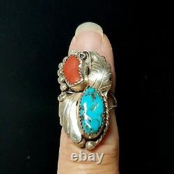 Vintage Native American Sterling Silver Turquoise Coral Ring Stan Slim Ss Navajo