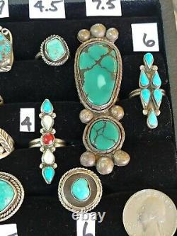 Vintage Native American Turquoise Sterling Argent 18 Anneau Lotnavajo & Zuni