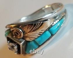 Vintage Navajo Amérindienne Signé Sterling S Ray Turquoise Cz Ring S10