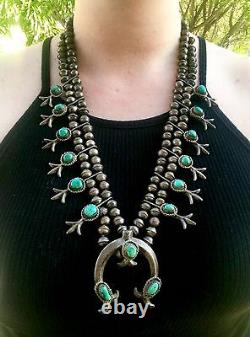Vintage Navajo Argent Sterling Turquoise Collier De Perles À La Main Squash Blossom