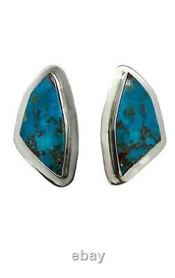 Vintage Navajo Boucles D'oreilles En Argent Sterling Naturel Bleu Turquoise