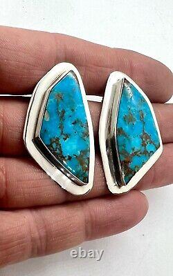 Vintage Navajo Boucles D'oreilles En Argent Sterling Naturel Bleu Turquoise