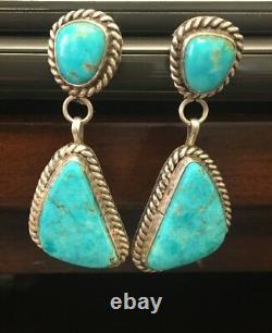 Vintage Navajo Boucles D'oreilles Style Turquoise En Deux Pierres Sterling925 Marqué Cj