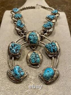 Vintage Navajo Sterling Argent Turquoise Squash Collier Blossom 199 Grams