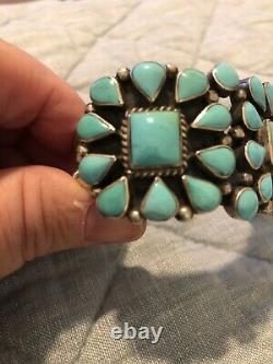 Vintage Navajo Turquoise Triple Squash Blossom Sterling Bracelet En Argent Signé