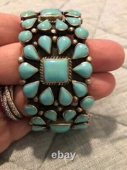 Vintage Navajo Turquoise Triple Squash Blossom Sterling Bracelet En Argent Signé