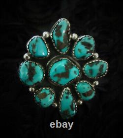 Vintage Old Pawn Navajo 925 Silver Sterling Super Blue Turquoise Flower Ring 8