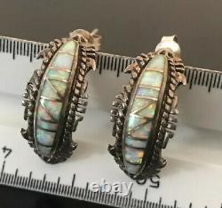 Vintage Signé Ak Sterling Argent Native American Boucles D'oreilles Opales Navajo