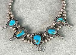 Vintage Turquoise Squash Blossom Collier 16 Sterling Banc Fait Perles Navajo