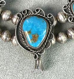Vintage Turquoise Squash Blossom Collier 16 Sterling Banc Fait Perles Navajo