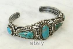Vintage Vieux Navajo 5 Pierre Turquoise Sterling Bracelet De Cuff En Argent